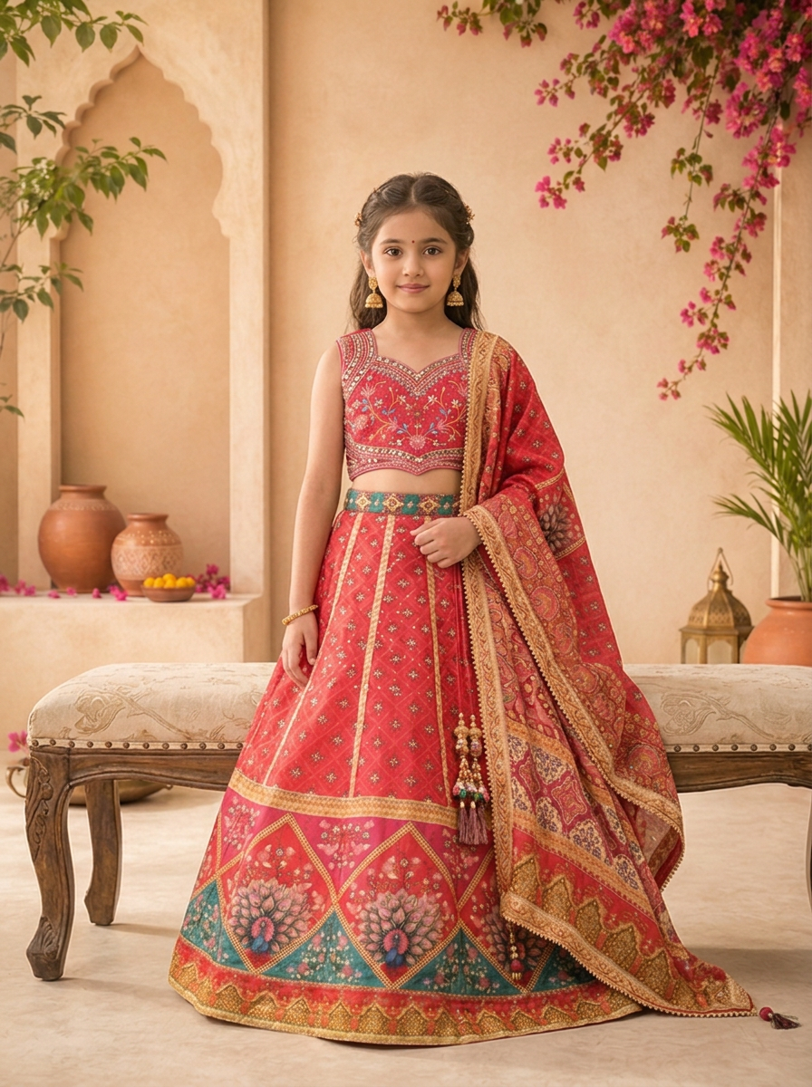 Pink Silk Floral Buti Printed Ghagra Set