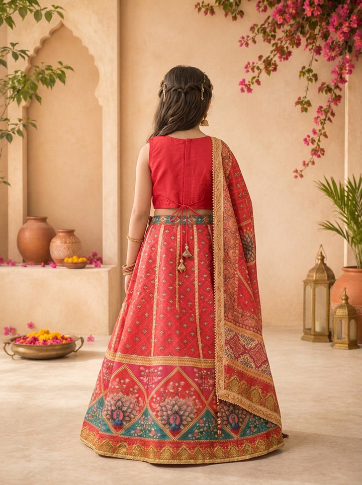 Pink Silk Floral Buti Printed Ghagra Set