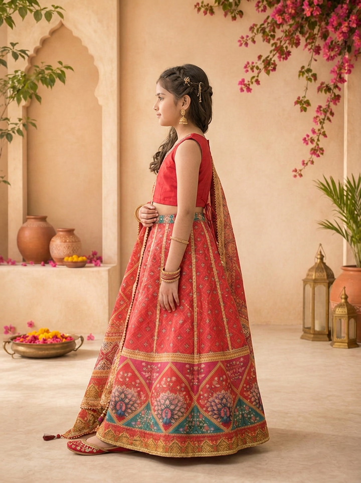 Pink Silk Floral Buti Printed Ghagra Set