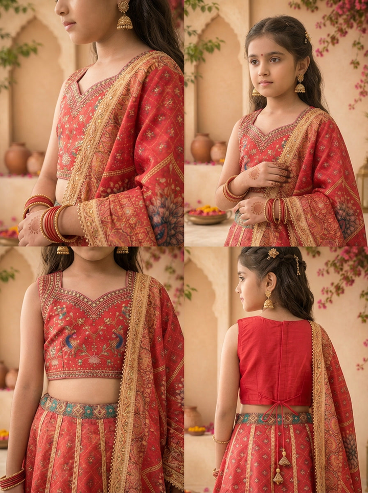 Pink Silk Floral Buti Printed Ghagra Set