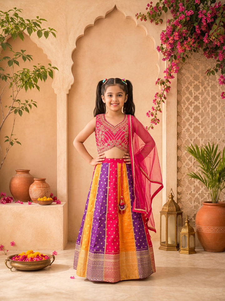 Multicolor Banaras Floral Printed Ghagra Set
