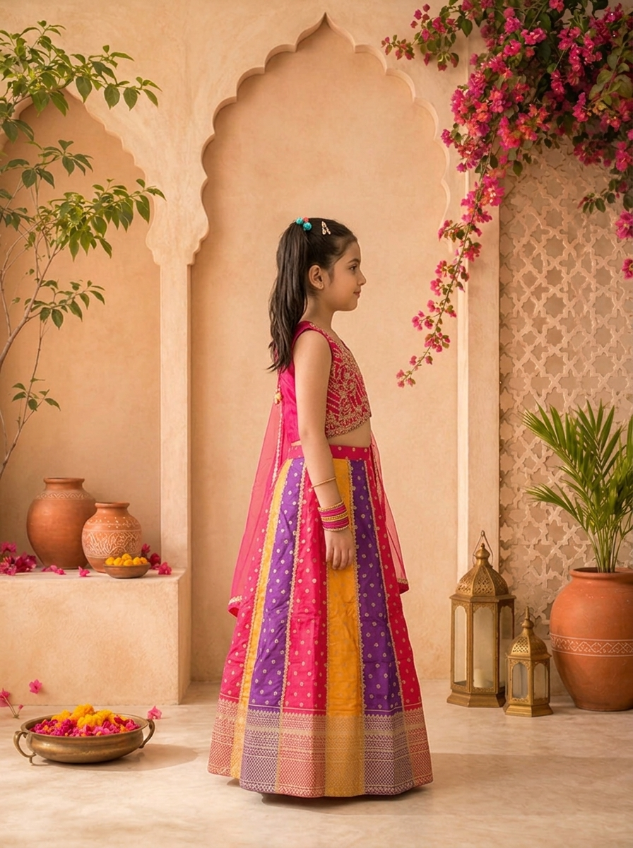 Multicolor Banaras Floral Printed Ghagra Set