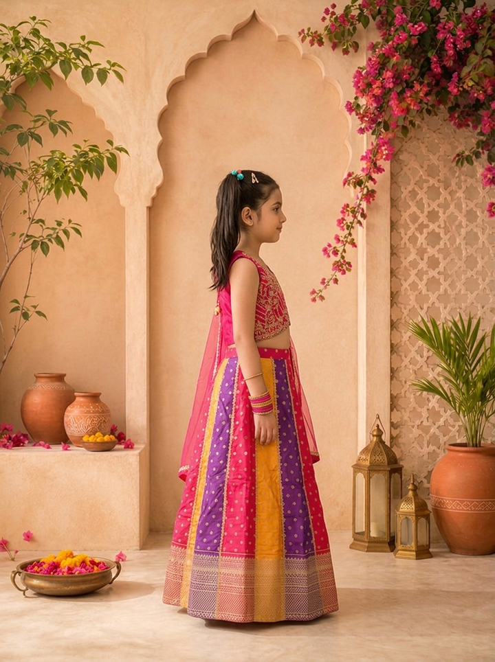 Multicolor Banaras Floral Printed Ghagra Set
