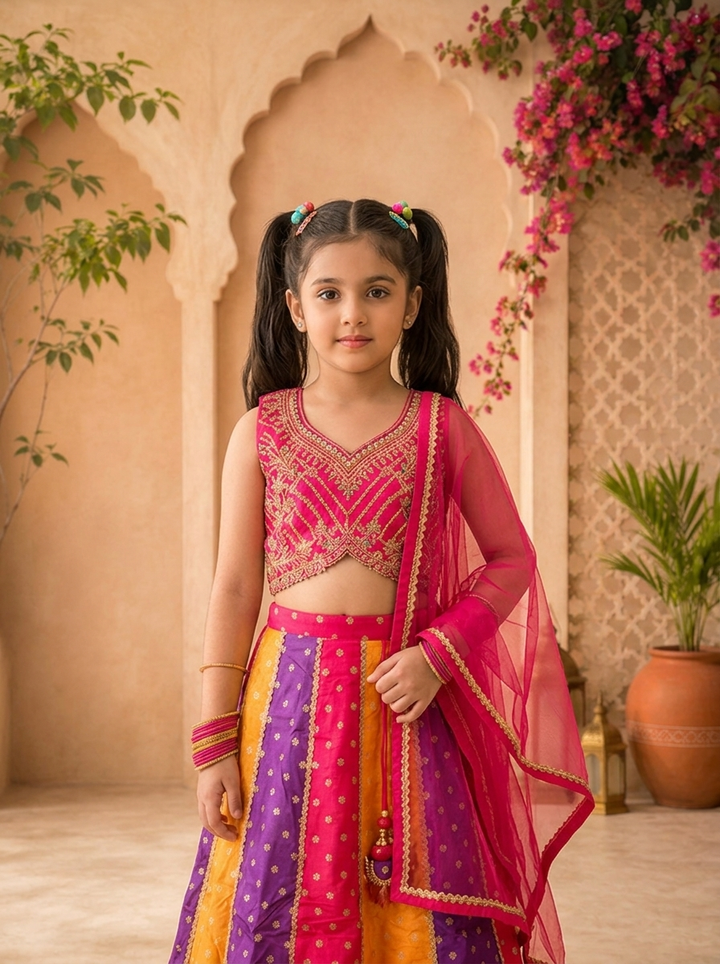 Multicolor Banaras Floral Printed Ghagra Set