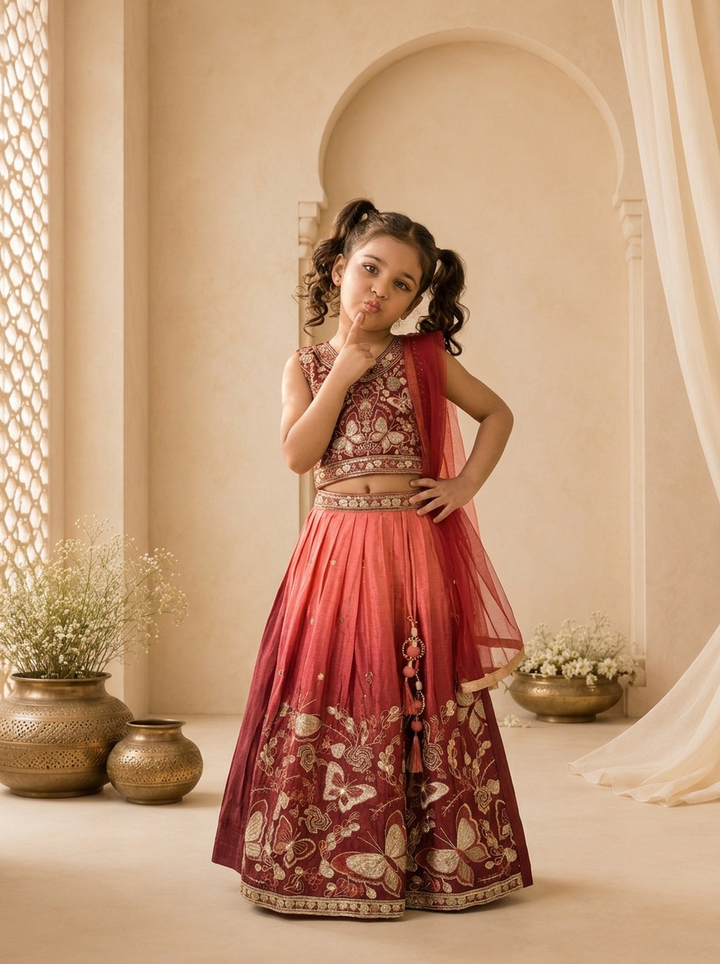 Maroon Georgette Butterfly Floral Thread Embroidered Ghagra Set