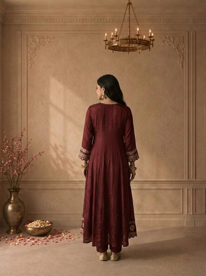 Wine Chinon Zari And Thread Embroidered Three Piece Set