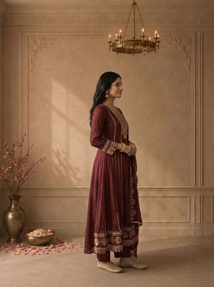 Wine Chinon Zari And Thread Embroidered Three Piece Set