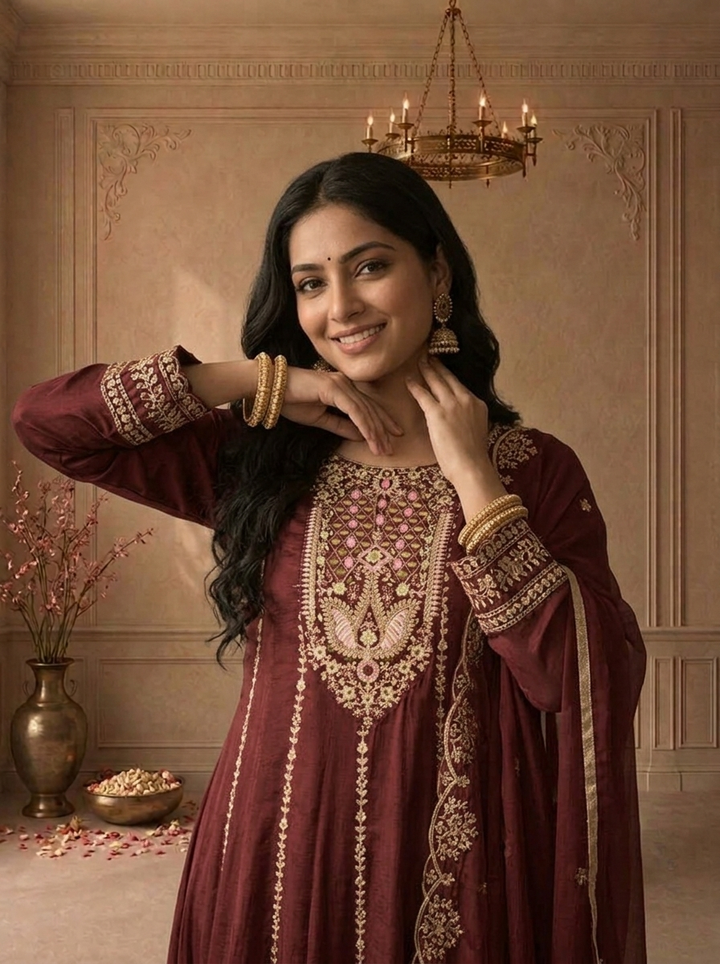 Wine Chinon Zari And Thread Embroidered Three Piece Set