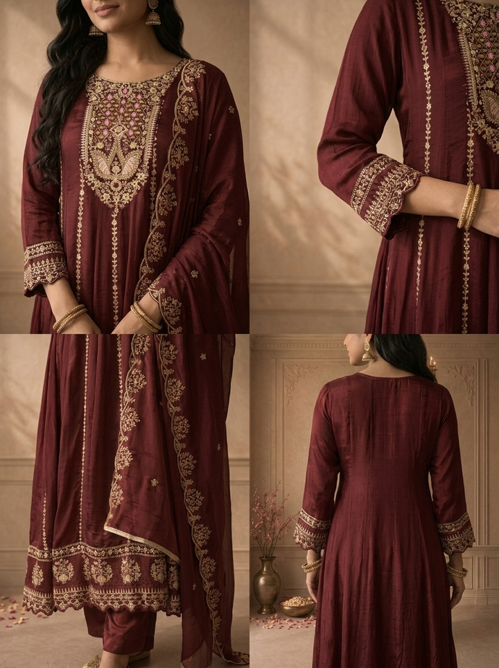 Wine Chinon Zari And Thread Embroidered Three Piece Set