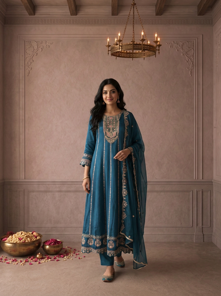 Rama Chinon Zari And Thread Embroidered Three Piece Set