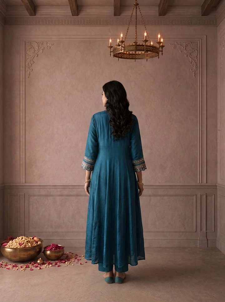 Rama Chinon Zari And Thread Embroidered Three Piece Set