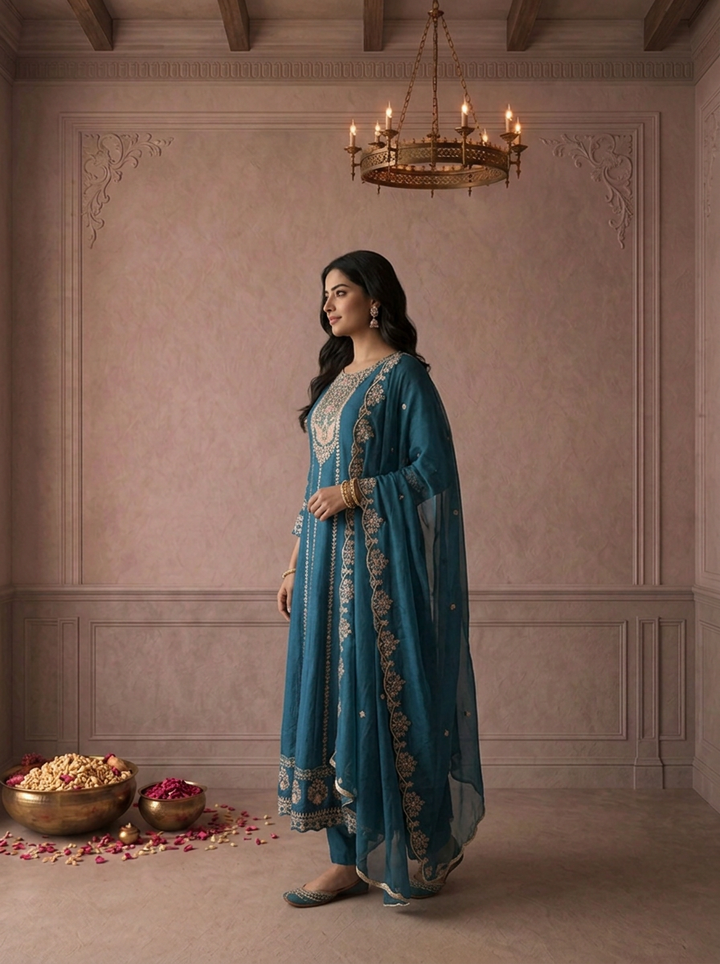 Rama Chinon Zari And Thread Embroidered Three Piece Set