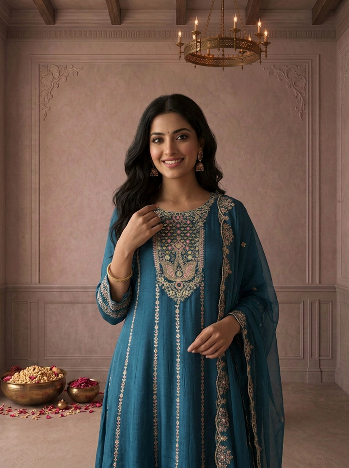 Rama Chinon Zari And Thread Embroidered Three Piece Set
