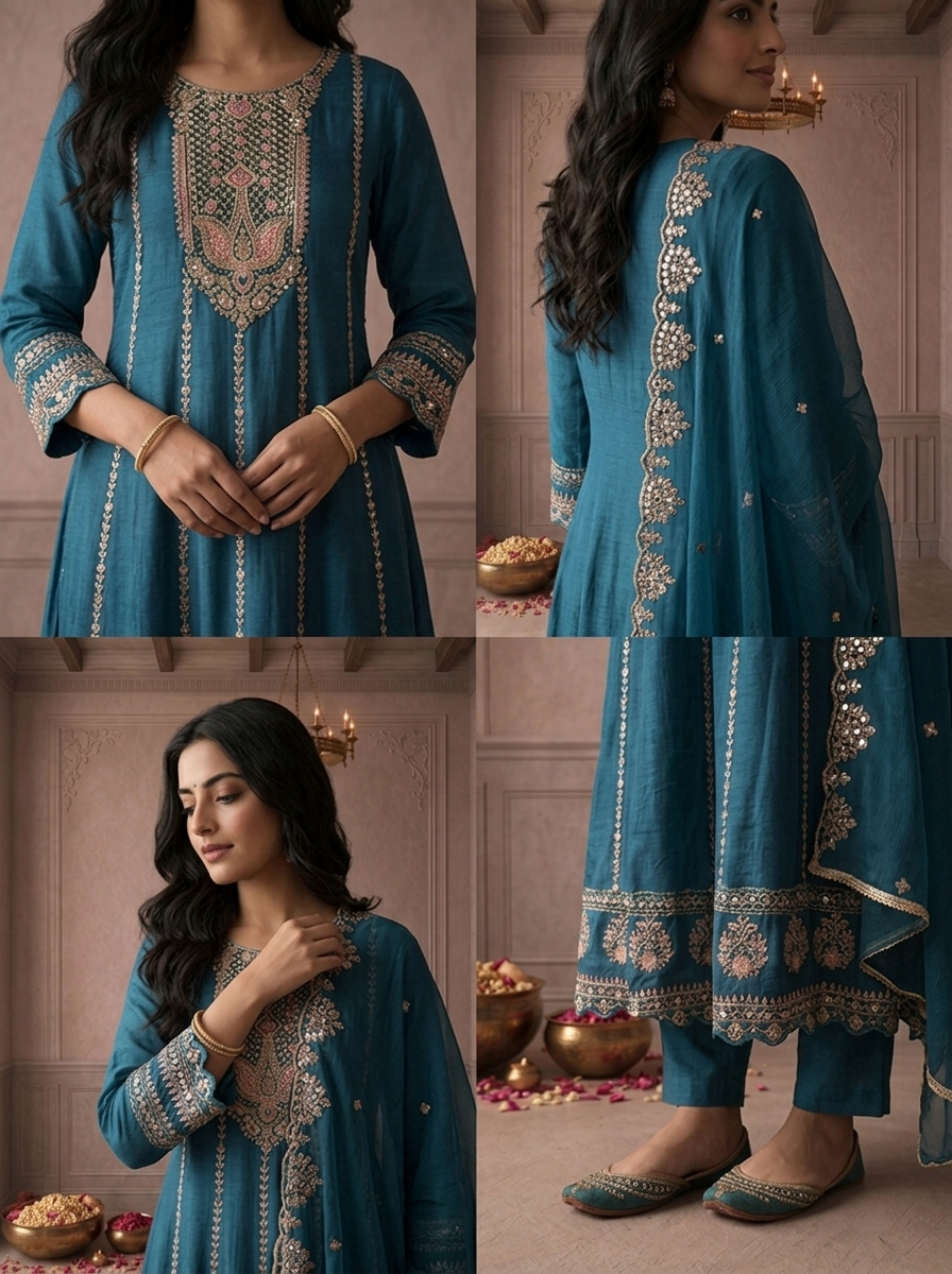 Rama Chinon Zari And Thread Embroidered Three Piece Set