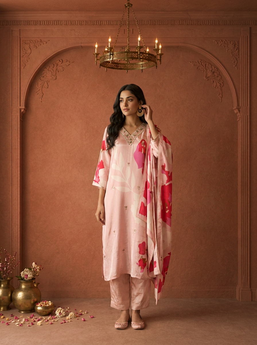 Baby Pink Crepe Abstract Floral Printed Three Piece Set