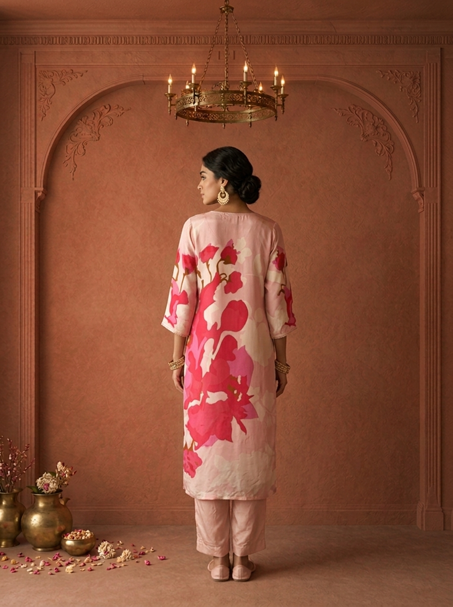 Baby Pink Crepe Abstract Floral Printed Three Piece Set