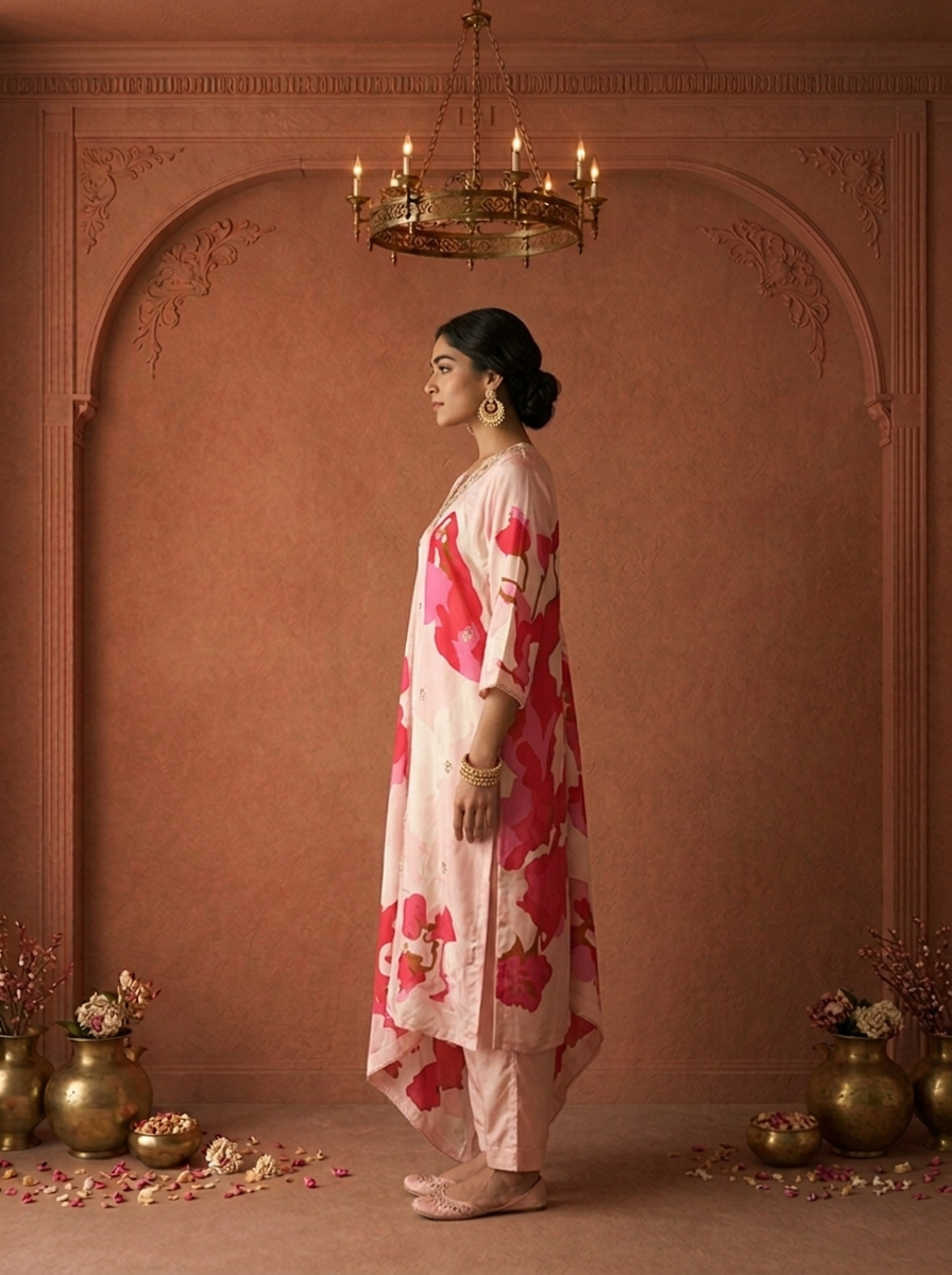 Baby Pink Crepe Abstract Floral Printed Three Piece Set