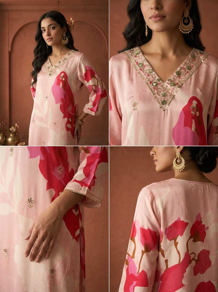Baby Pink Crepe Abstract Floral Printed Three Piece Set