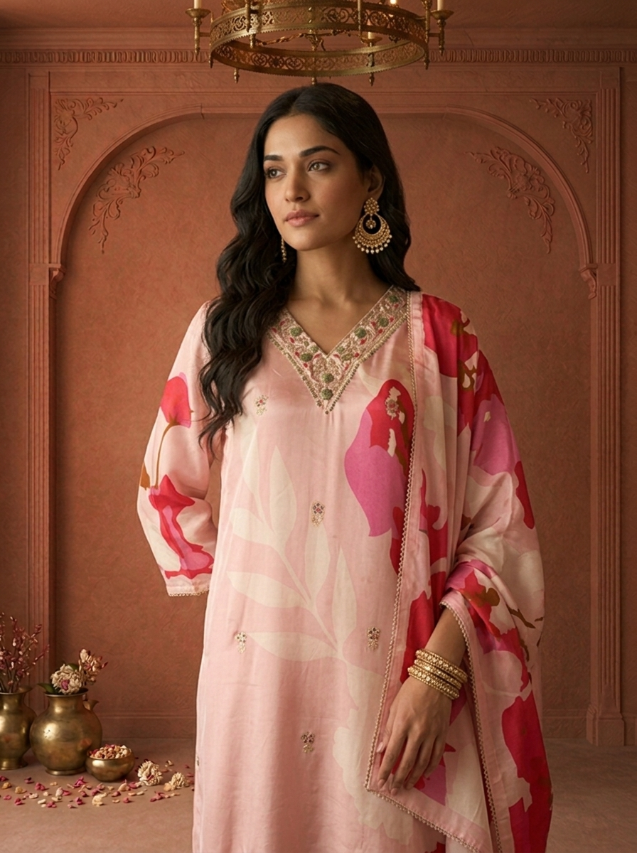 Baby Pink Crepe Abstract Floral Printed Three Piece Set