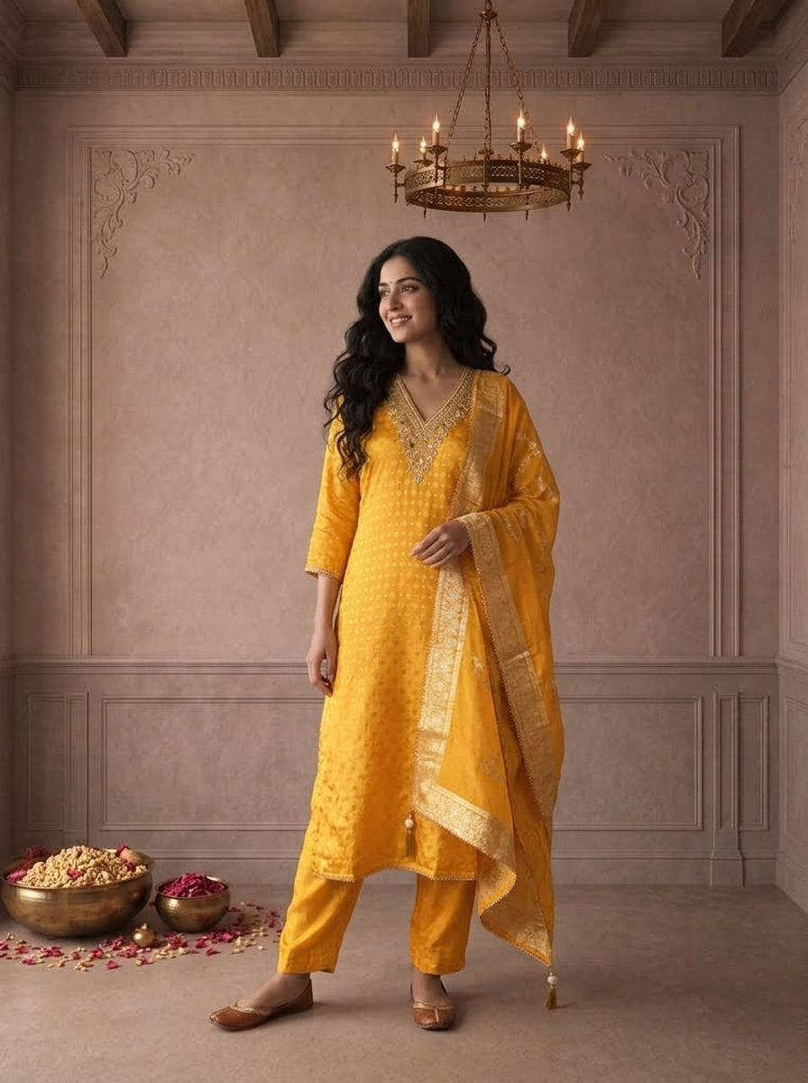 Yellow Crepe Diamond Butti Jacquard Printed Three Piece Set