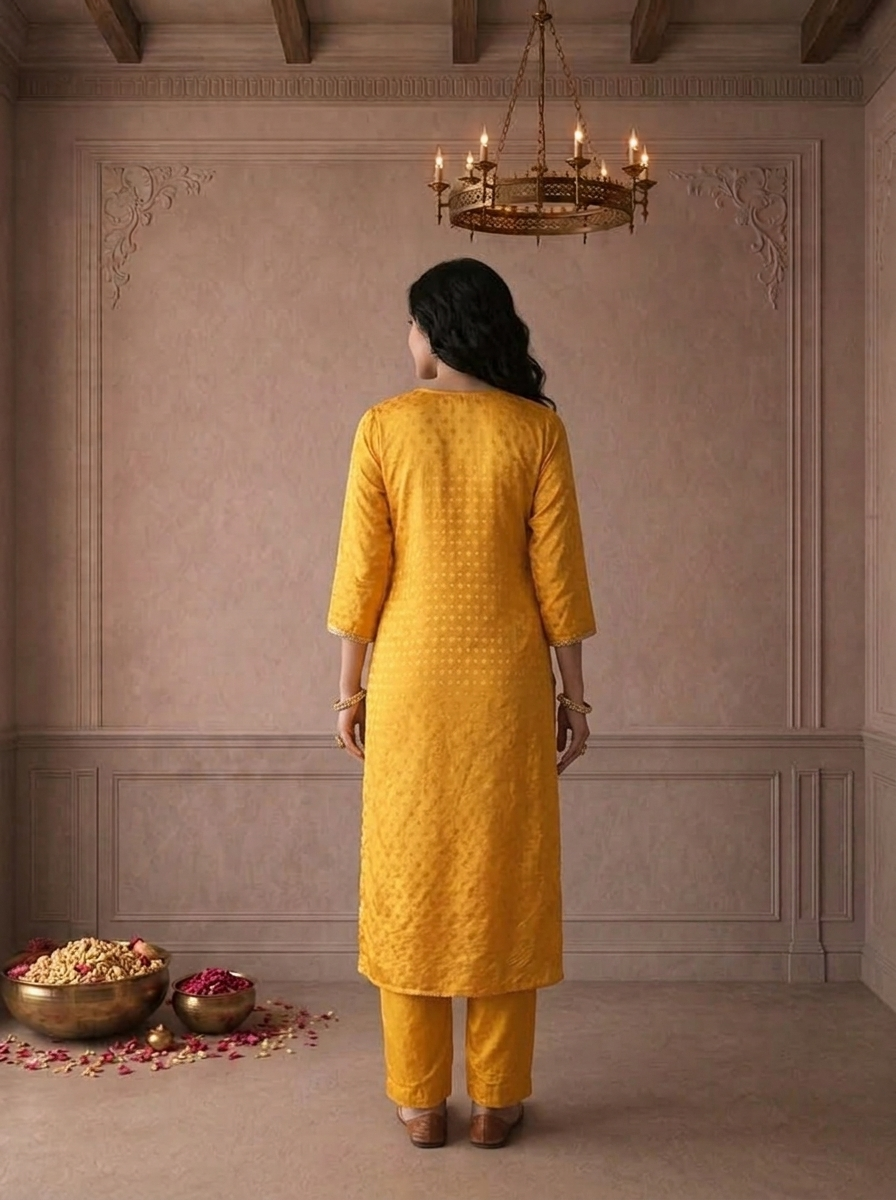 Yellow Crepe Diamond Butti Jacquard Printed Three Piece Set