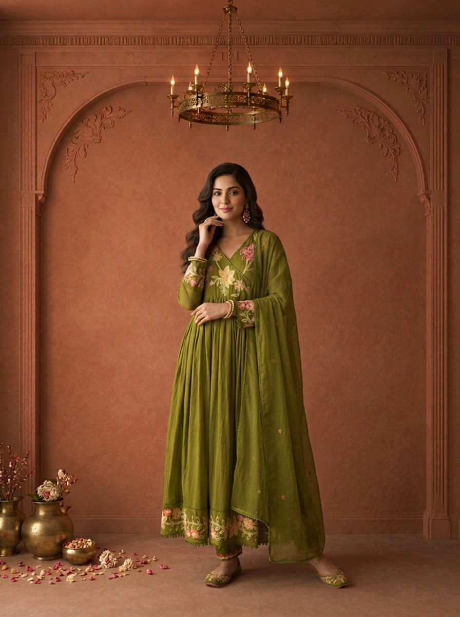 Mehadi Green Cotton Multicolor Floral Applique Thread Embroidered Three Piece Set