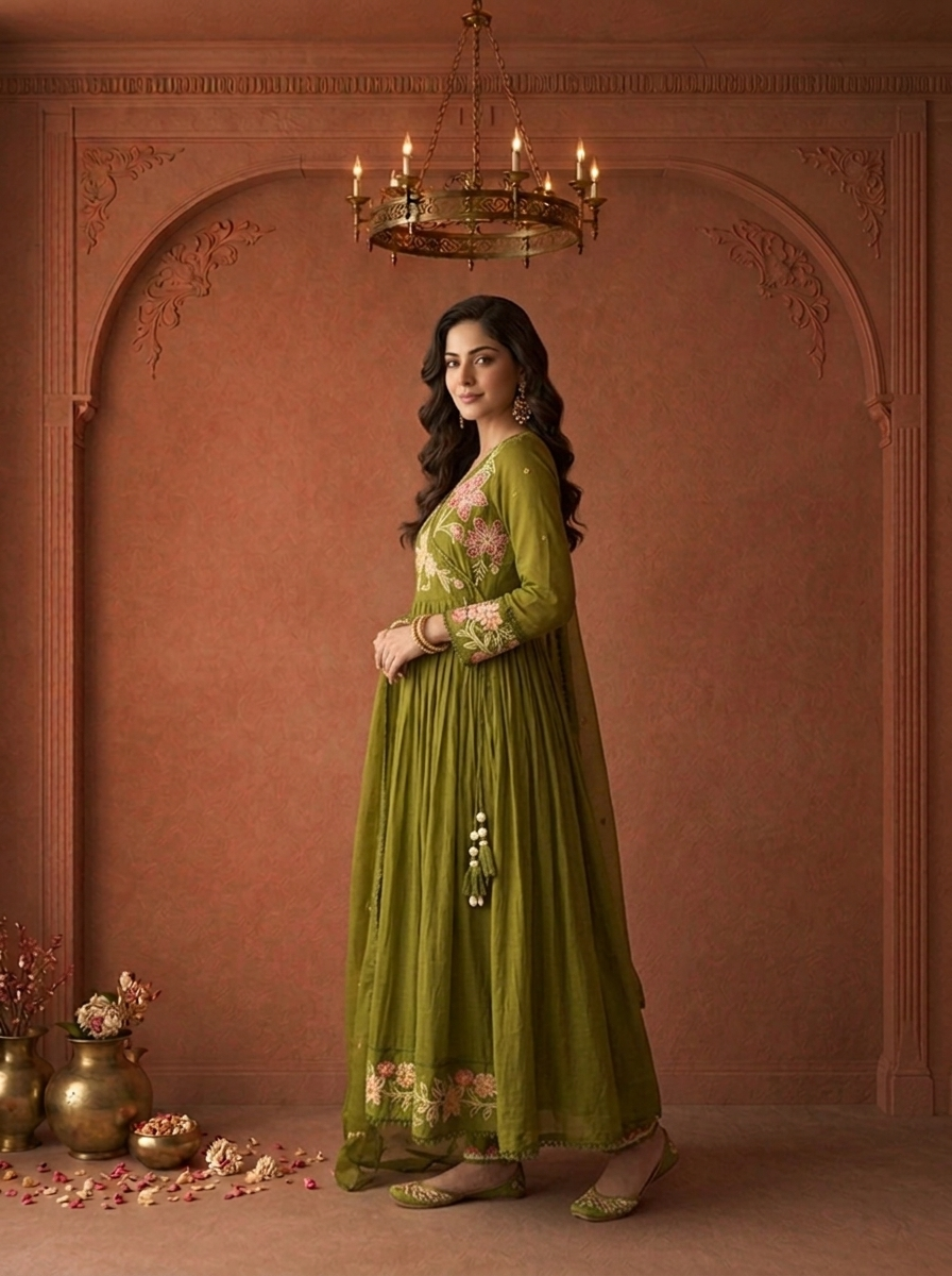 Mehadi Green Cotton Multicolor Floral Applique Thread Embroidered Three Piece Set