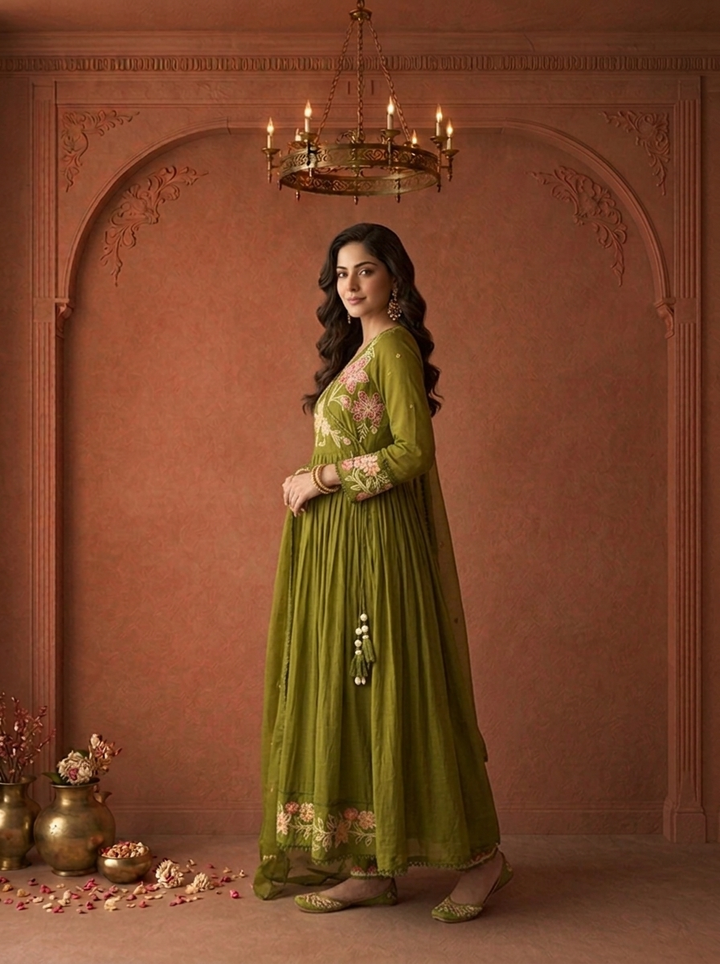 Mehadi Green Cotton Multicolor Floral Applique Thread Embroidered Three Piece Set