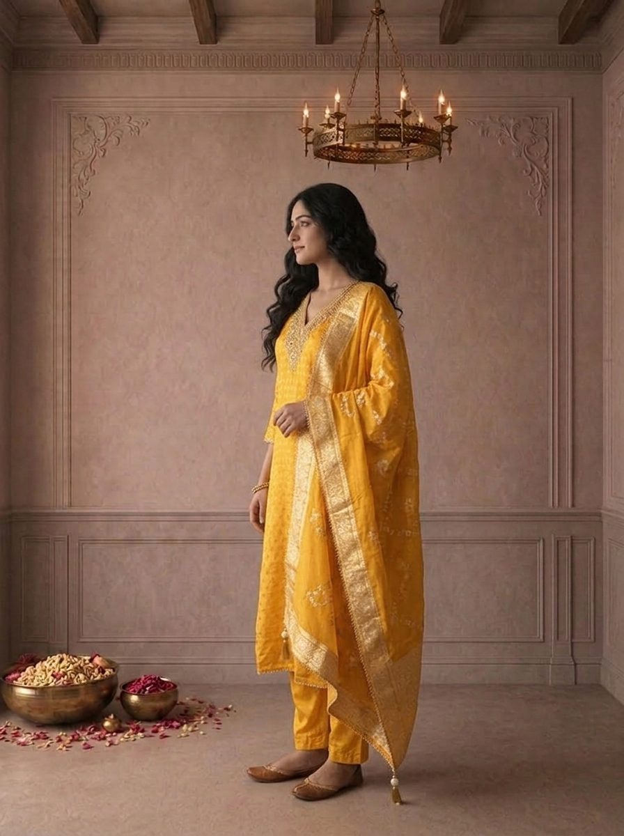 Yellow Crepe Diamond Butti Jacquard Printed Three Piece Set