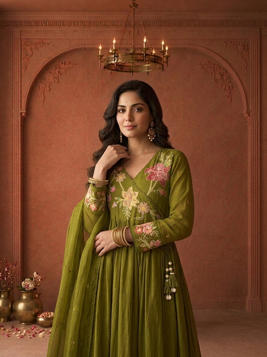 Mehadi Green Cotton Multicolor Floral Applique Thread Embroidered Three Piece Set