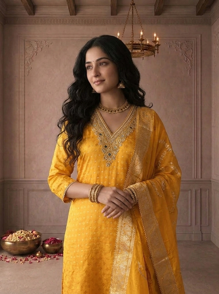 Yellow Crepe Diamond Butti Jacquard Printed Three Piece Set