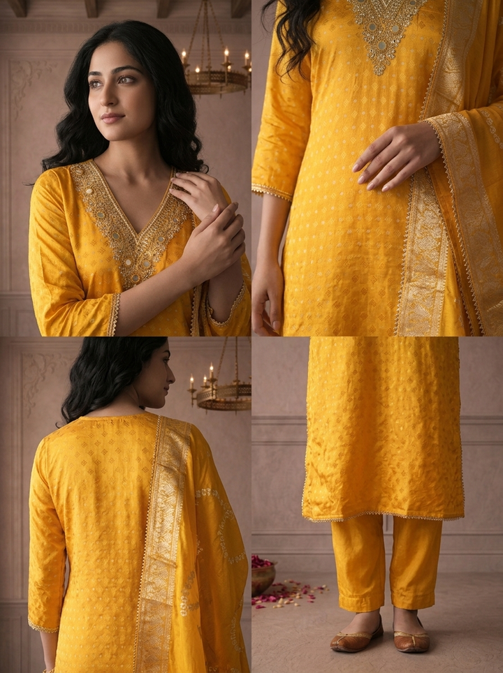 Yellow Crepe Diamond Butti Jacquard Printed Three Piece Set