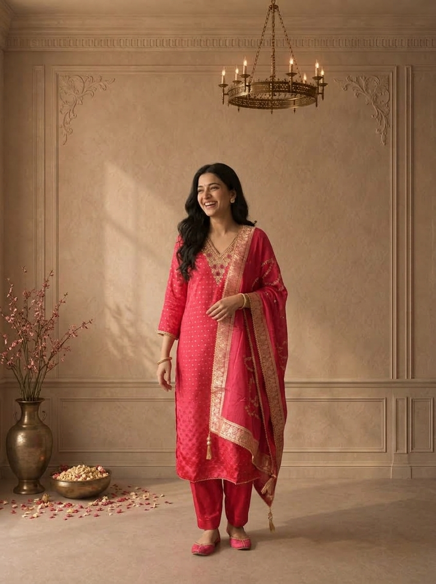Magenta Crepe Diamond Butti Jacquard Printed Three Piece Set