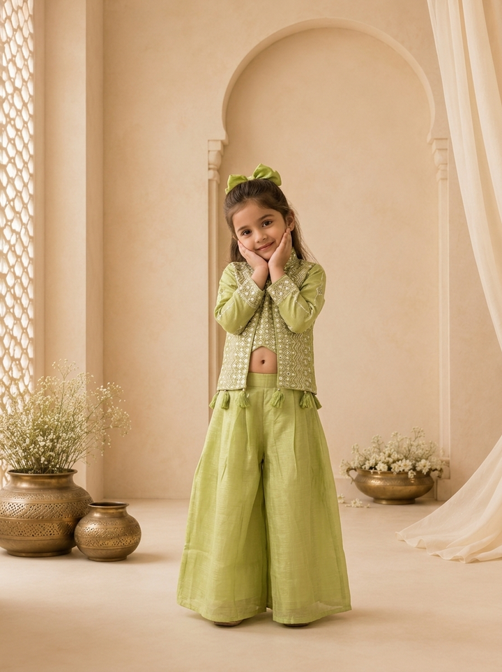 Green Tissue Diamond Embroidered Jacket Palazzo Set