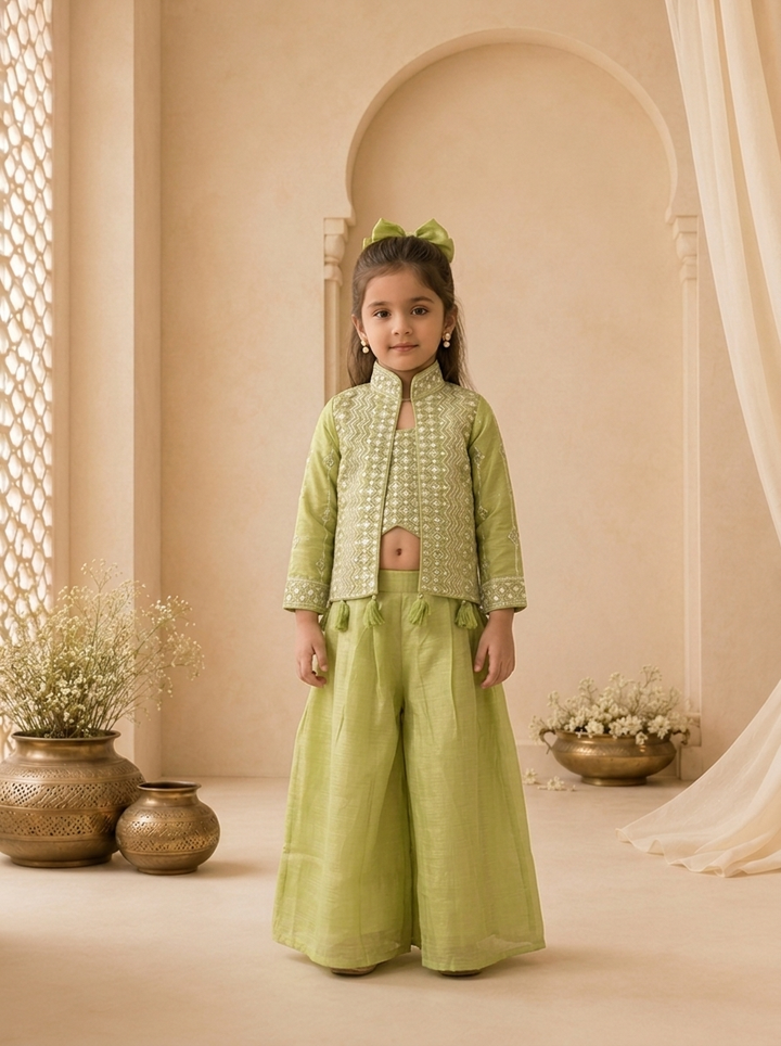 Green Tissue Diamond Embroidered Jacket Palazzo Set