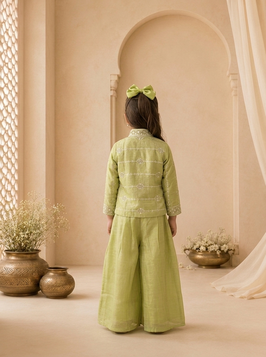Green Tissue Diamond Embroidered Jacket Palazzo Set