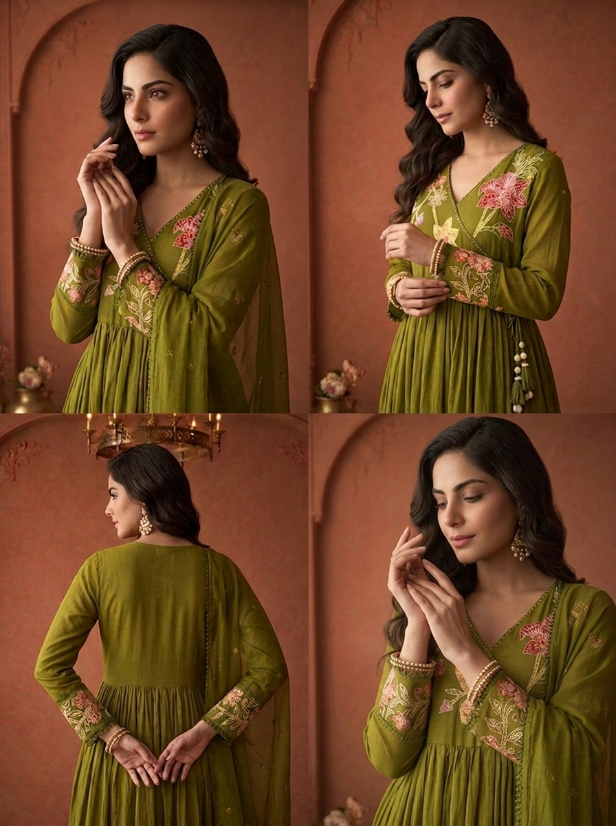 Mehadi Green Cotton Multicolor Floral Applique Thread Embroidered Three Piece Set