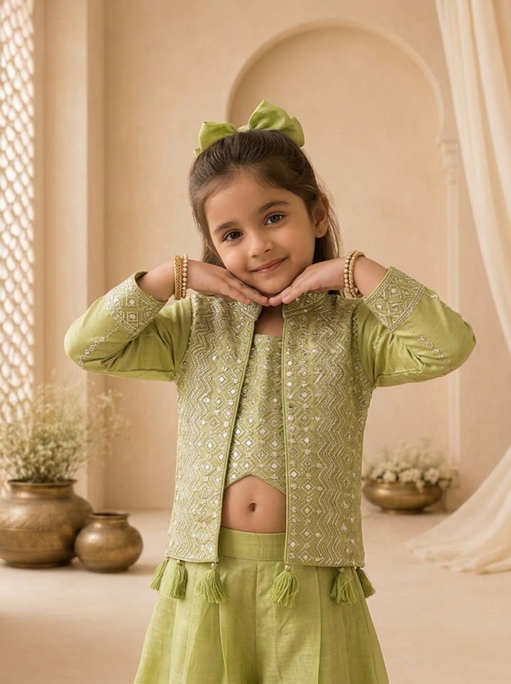 Green Tissue Diamond Embroidered Jacket Palazzo Set