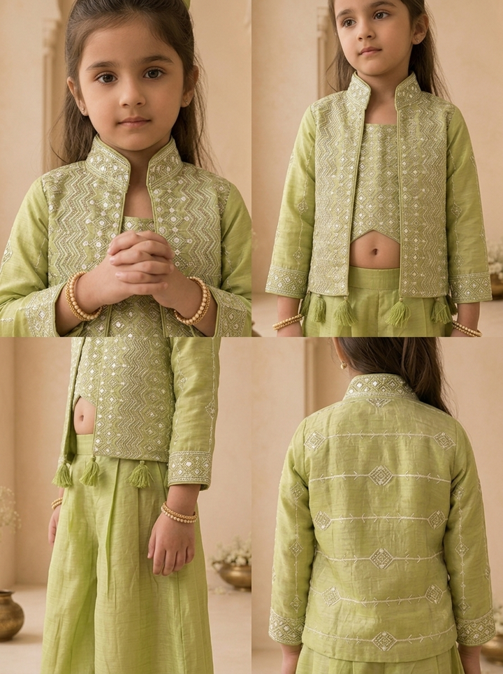 Green Tissue Diamond Embroidered Jacket Palazzo Set