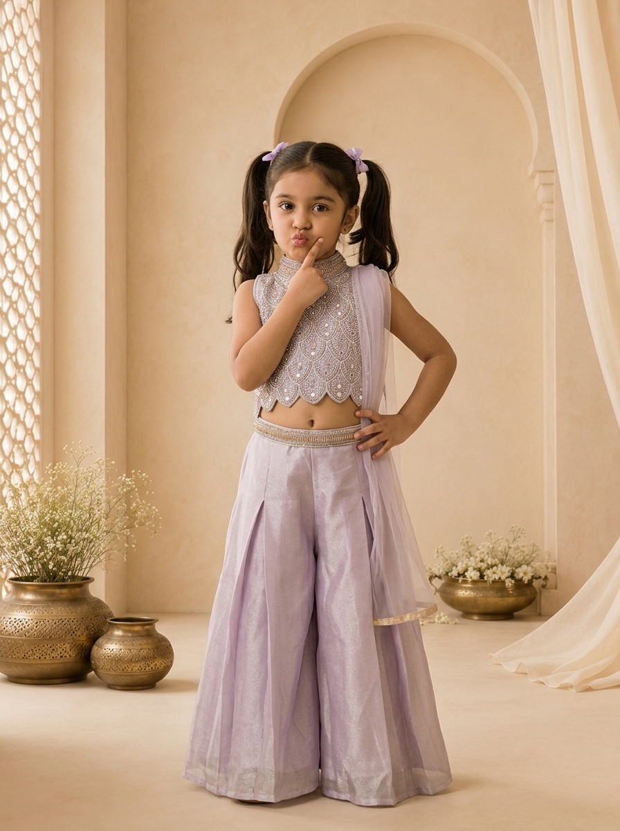 Purple Tissue Scallop Peacock Embroidered Palazzo Set