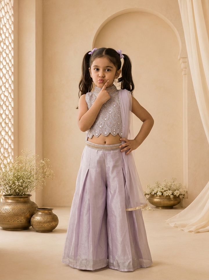 Purple Tissue Scallop Peacock Embroidered Palazzo Set
