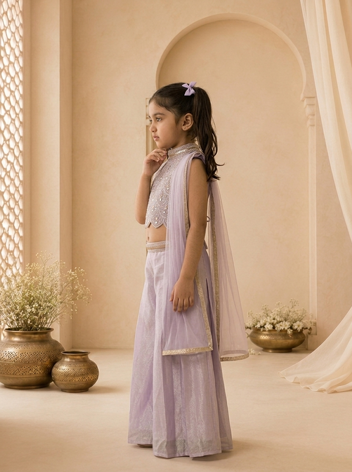 Purple Tissue Scallop Peacock Embroidered Palazzo Set