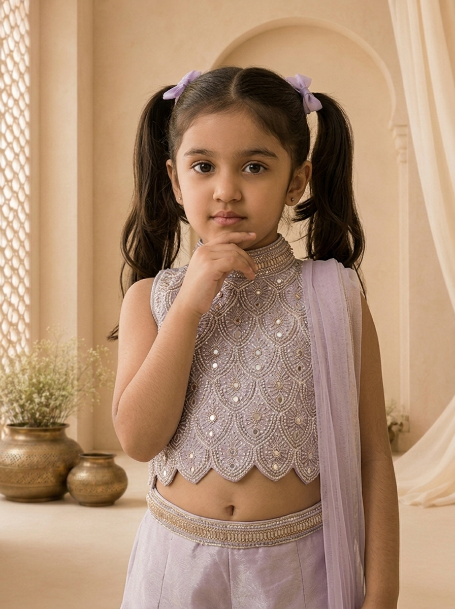 Purple Tissue Scallop Peacock Embroidered Palazzo Set