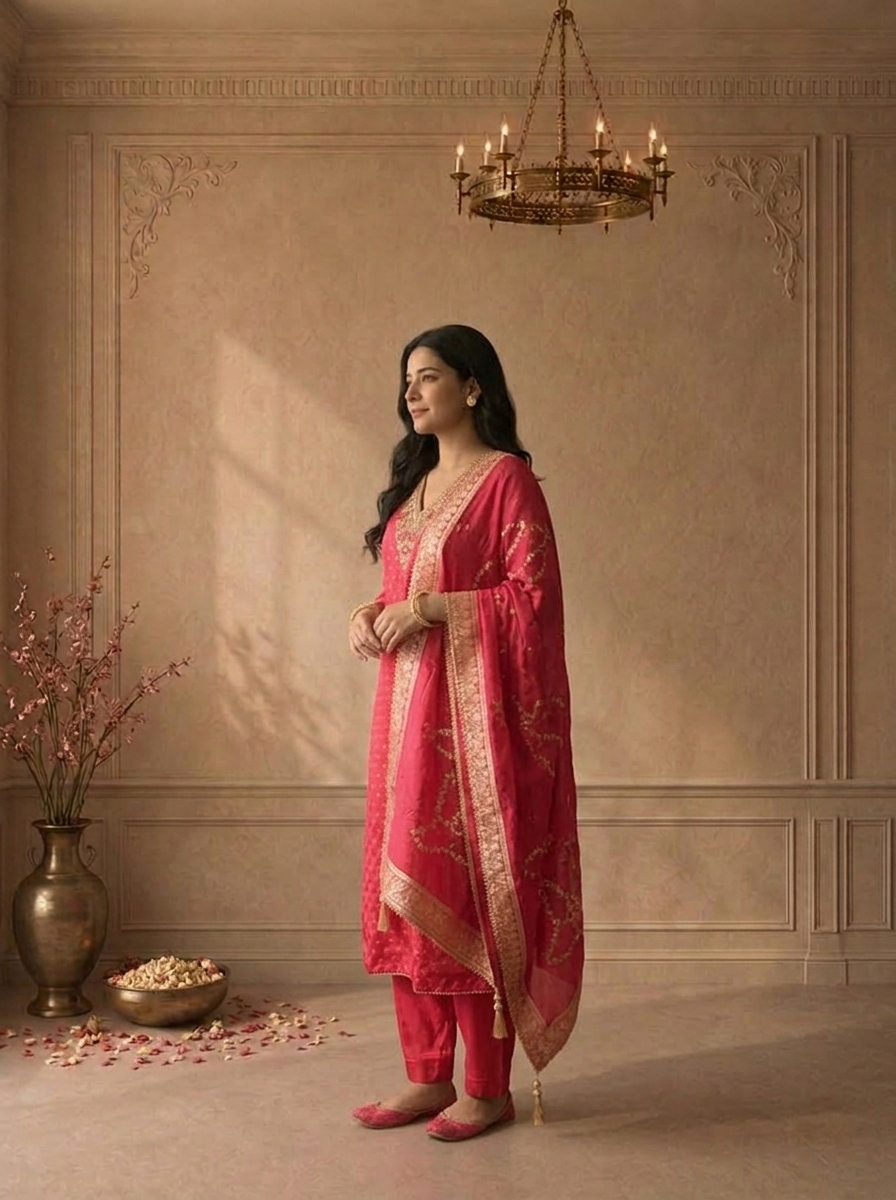 Magenta Crepe Diamond Butti Jacquard Printed Three Piece Set