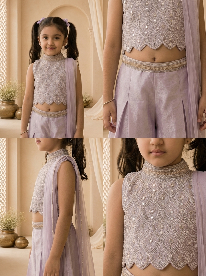 Purple Tissue Scallop Peacock Embroidered Palazzo Set