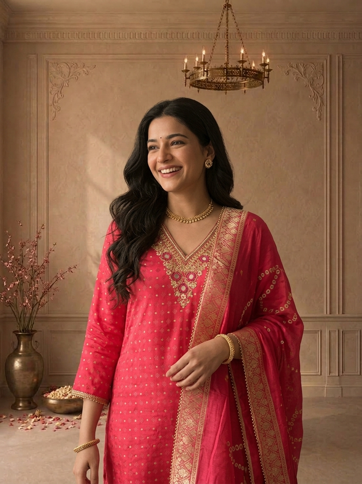 Magenta Crepe Diamond Butti Jacquard Printed Three Piece Set