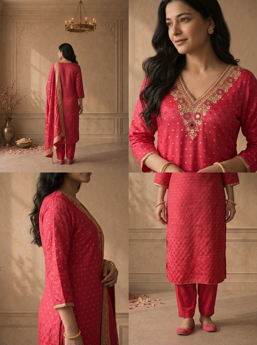 Magenta Crepe Diamond Butti Jacquard Printed Three Piece Set