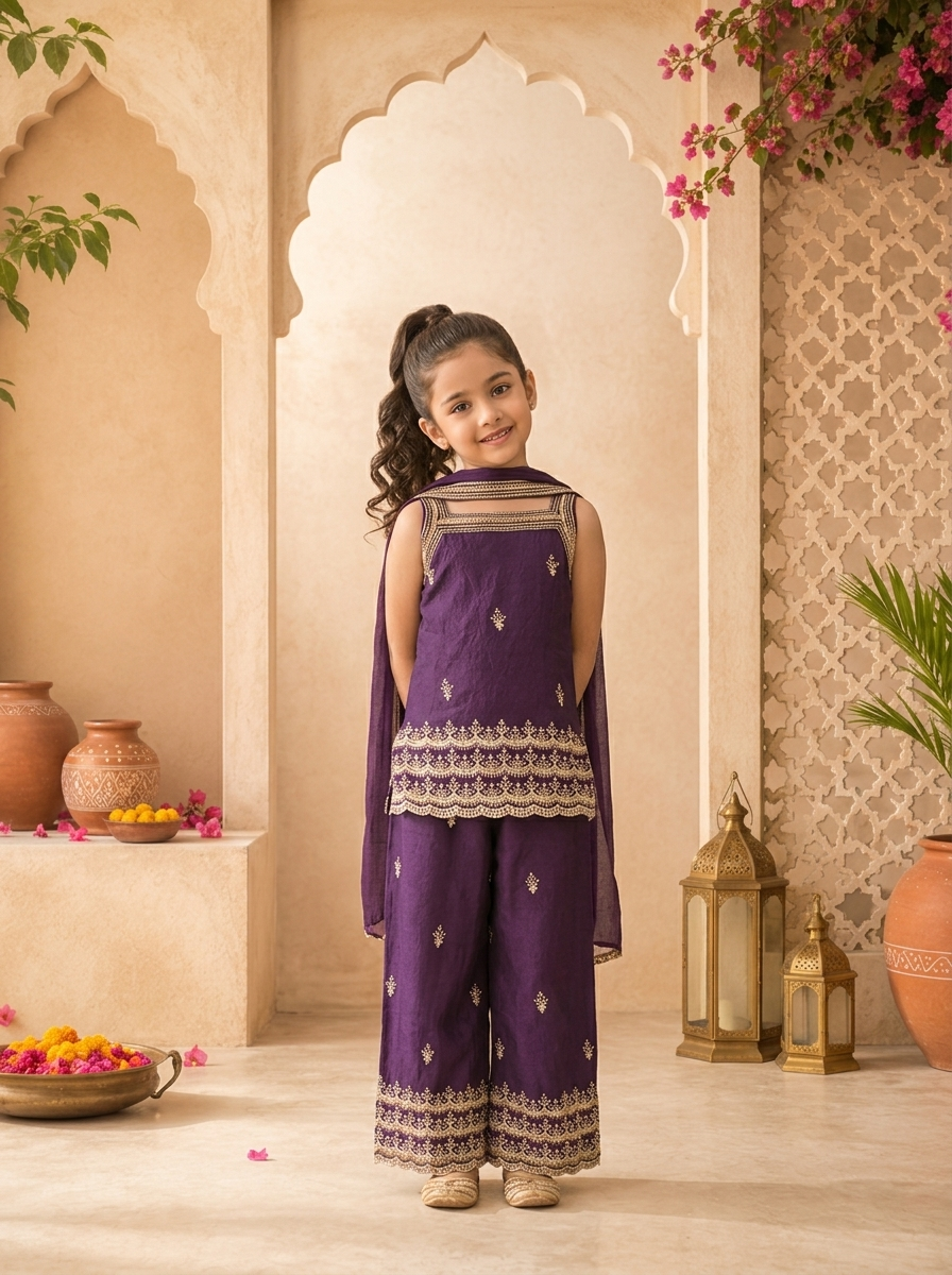 Purple Georgette Zari Embroidered Palazzo Set