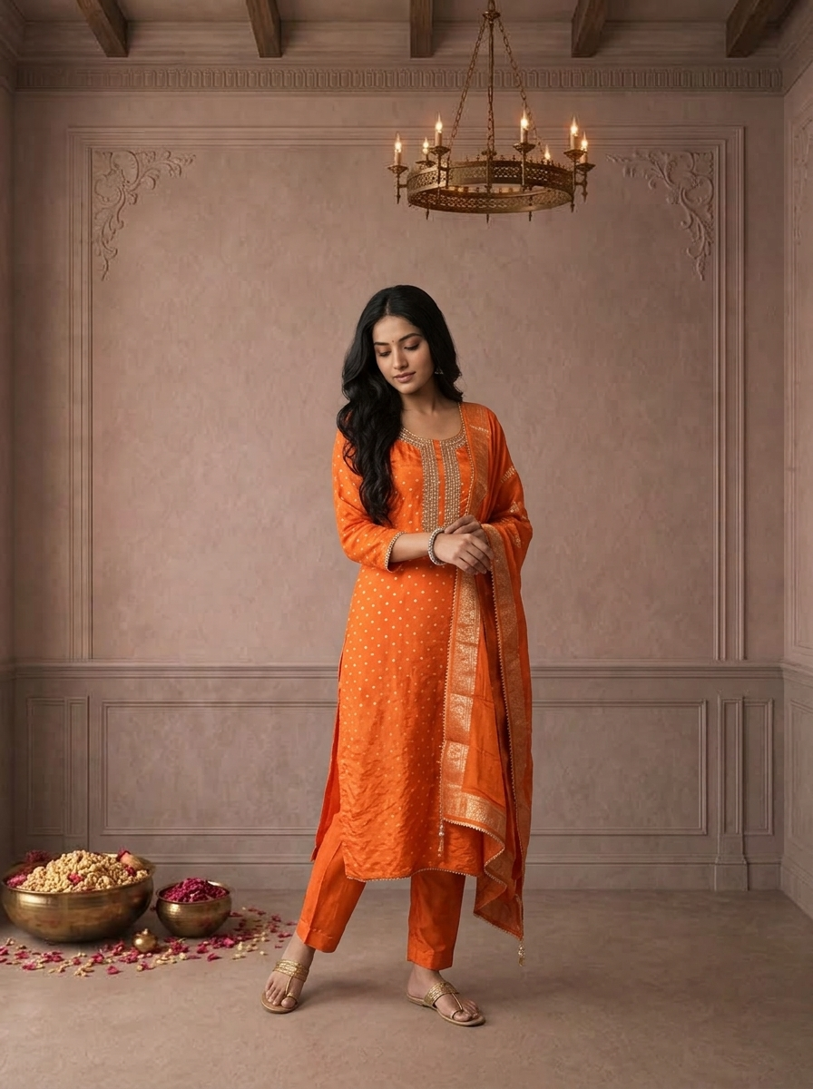 Orange Crepe Dot Printed Three Piece Set