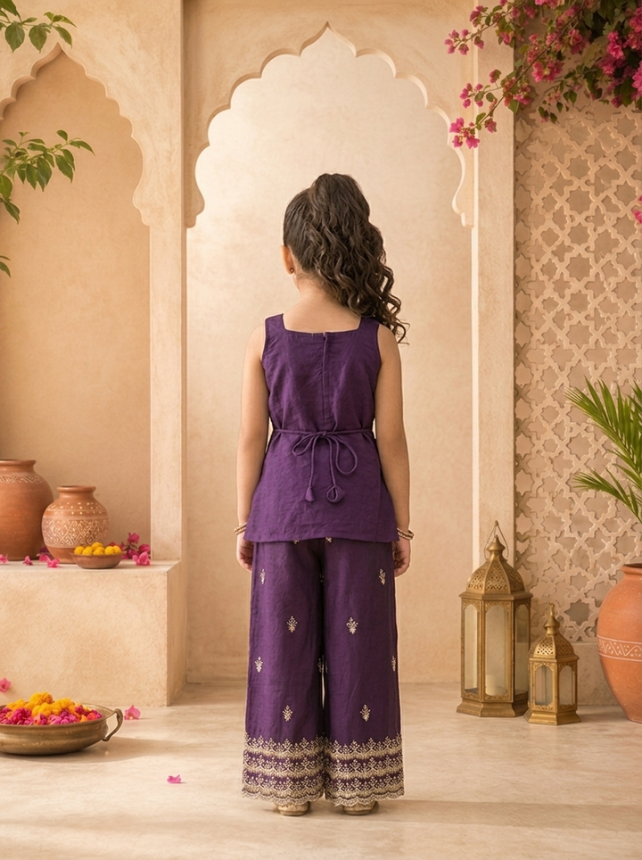 Purple Georgette Zari Embroidered Palazzo Set